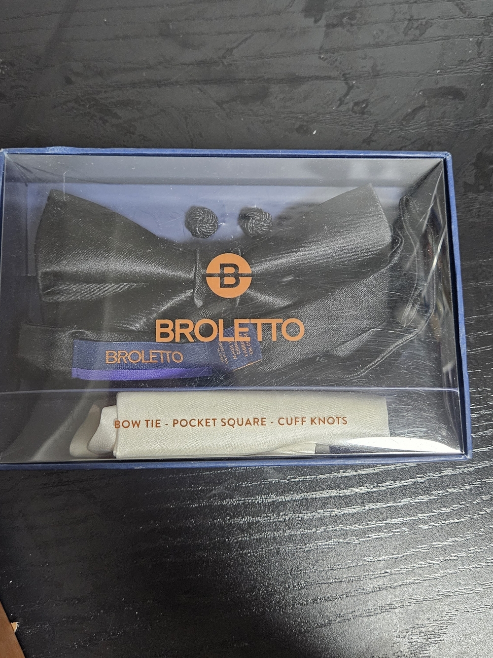 Broletto Black Satin Bow Tie Set with Pocket Square